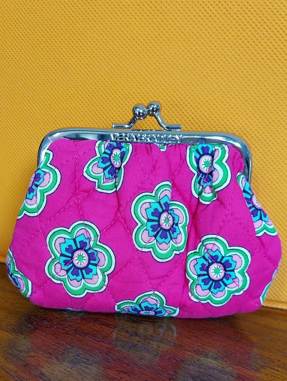Vera Bradley Hot Pink Floral Quilted Silver Clasp Coin Purse, 2 Sided, Like New
